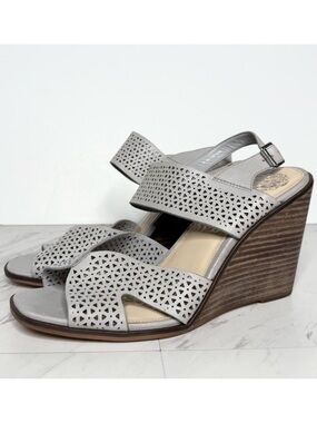Vince Camuto Delinda Blue Gray Leather Wedge Sandal 10M